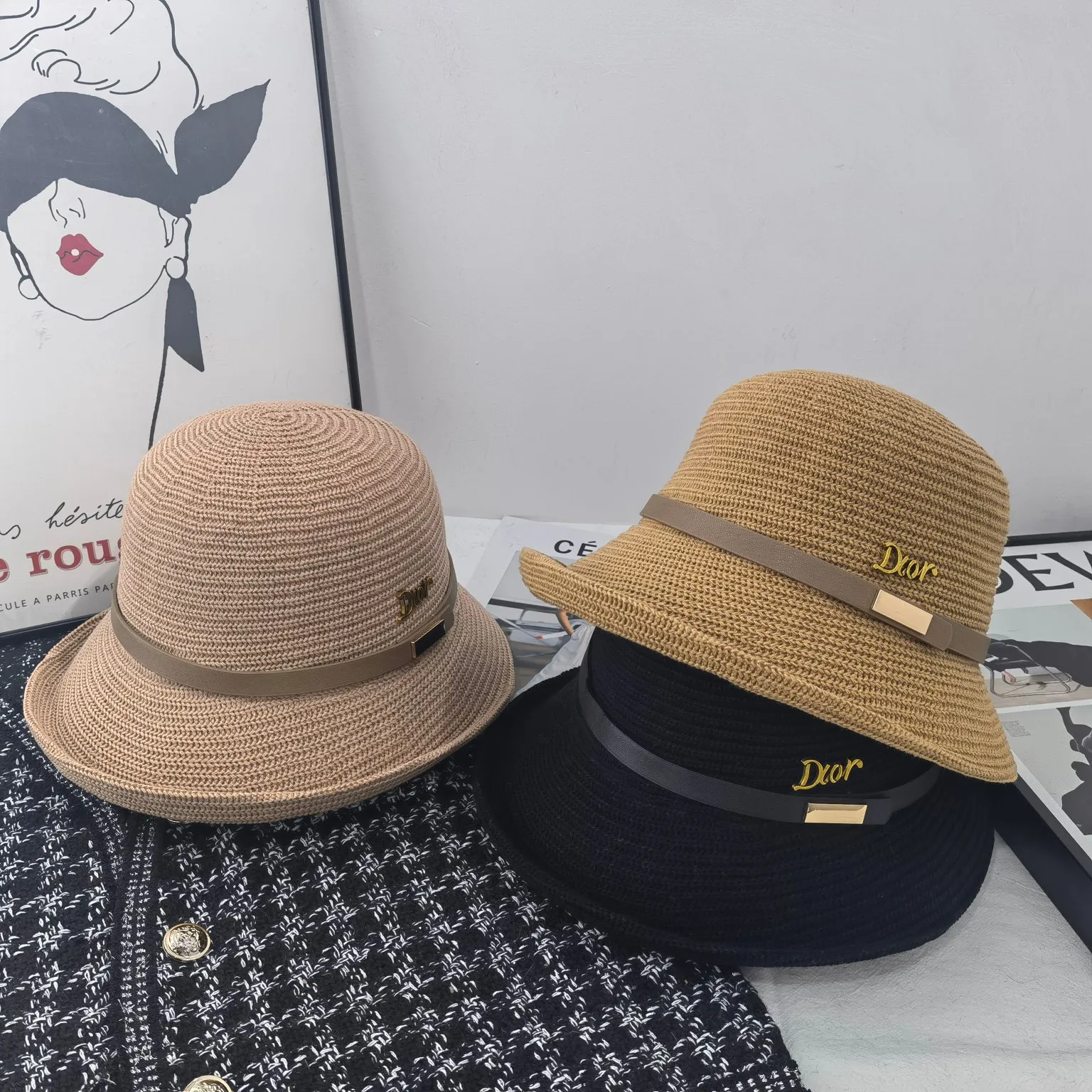 DBobby Large Brim Hat Natural Straw with Beige and Black Embroidered Band   DIOR