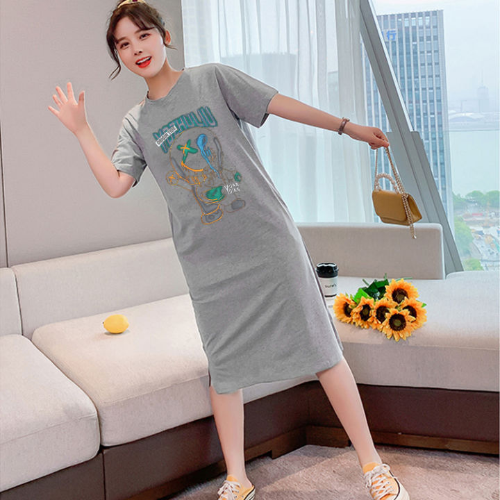 เดรสยาวเสื้อยืดแฟชั่นผู้หญิงสไตล์เกาหลี-คอกลมแขนสั้น-เนื้อผ้ายืดหยุ่นดี-กระโปรงเสื้อยืดทรงสวย-แนวหวานสดวัยรุ่นน่ารั-q315