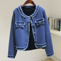 Vintage Blue T Jacquard Denim Jacket Coat Women Loose Short Cowboy Outerwear Frayed O Neck Big Pocket Jeans Jacket Female