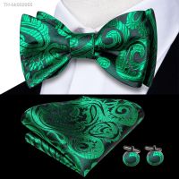 ◐✼ Hi-Tie Gold Green Silk Mens Self Bow Tie Hanky Cufflinks Set Male Jacquard Floral Paisley Butterfly Knot Bowtie Wedding Business