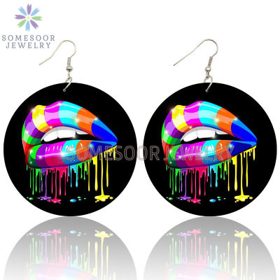SOMESOOR Colorful Love Lips Comic Wooden Drop Earrings Vintage 6cm Large Loops Pendant Dangle Jewelry Both Print For Women Gifts