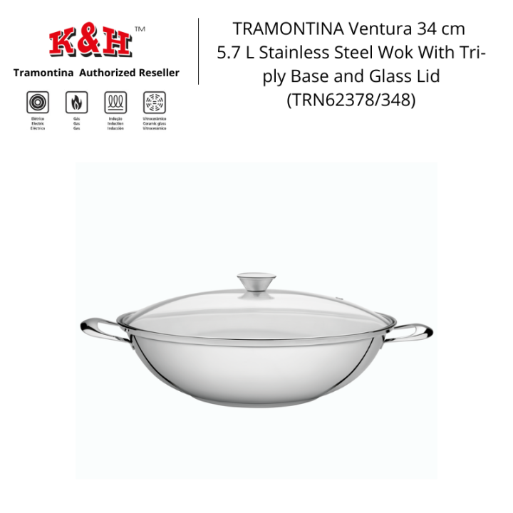 Tramontina Ventura Stainless Steel Wok With Triple Bottom Glass Lid 34 Cm  6.1 L 62378340