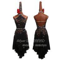 New Latin  Competition Costumes Skirt Performing Dress Customize Size Black Lace Hollowed-Out  Chinese Neckline