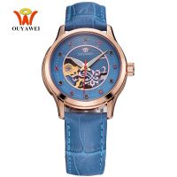 Fashion Automatic Mechanical Women Watches Luminous Skeleton Dial Blue Leather strap Self Wind Waterproof Lady Dress Wristwatch