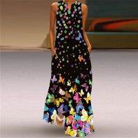 COD DSFGRDGHHHHH New Fashion Butterfly Print Summer Dress Casual Sexy Boho Beach Dresses Women V-neck Sleeveless Pocket Large size Long Dress