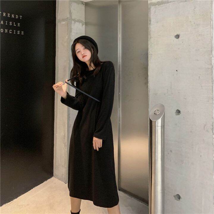 womens-long-dress-candy-color-dress-medium-length-knee-length-long-sleeve-straight-dress-solid-color-stitching-thin-bottomed-t-shirt-dress