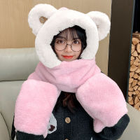 Scarf Set Women Winter Caps Warm Cute Bear Ear Hat Casual Flannel Hat Scarf Gloves Set Fleece Caps Essential for cycling 2021