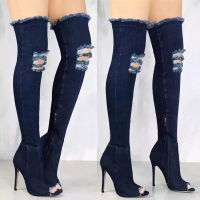 Boots women shoes  fashion sexy open sock high heel boots woman pumps side zipper denim over knee winter boots female shoes