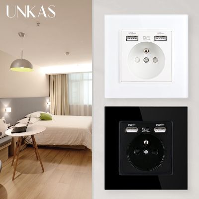 【NEW Popular】 UNKAS ปลั๊กไฟมาตรฐานฝรั่งเศสซ็อกเก็ต USB ที่ชาร์จปลั๊ก AC110V 250V 16A กระจกเทมเปอร์/ เต้ารับแผง