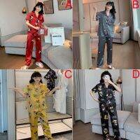 Women y Silk Satin Cartoon Print Pyjamas Set Short Sleeve Home Wear Sleepwear Pajamas Suit Female Night Wear Nightdress