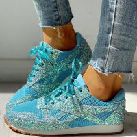 Women Flat Glitter Sneakers Casual Bling Vulcanized Shoes Female Mesh Lace Up Platform Comfort Plus Size Fashion Ladies Autumn