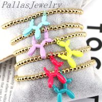 6Pcs Gold plated beaded Elastic Bracelet Enamel Poodle Balloon Dog Animal Charm Bracelet Gift For Women Girls