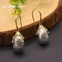 GLSEEVO 925 Sterling Silver Natural Fresh Water Gray Pearl Earrings For Women Girl Engagement Ear Pin Korean Jewelry GE0335D