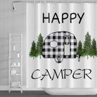 ม่านอาบน้ำแคมเปอร์ Rv กันน้ำพิมพ์ลายภูเขา Happy Camper ผ้าโพลีเอสเตอร์น่ารักตกแต่งผ้าม่านห้องอาบน้ำอาบน้ำ