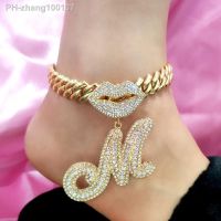 Fashion Cursive Letter Cuban Link Chain Anklets For Women Bling Mouth Initials Chunky Cuban Ankle Chain Beach Sandals Jewelry