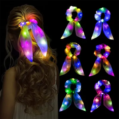 Bunny Ear Hair Scrunchies Headwear Accessories Ponytail Holders LED Rabbit Bunny Ear Scrunchie Glow In The Dark Neon Party Supplies