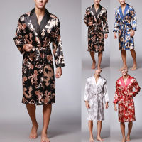 INCERUN Fashion Satin Silk Pajamas Mens Robe Long Sleeves Bathrobe Lucky Chinese Dragon Print Gown Bathrobe Sleepwear Lounge