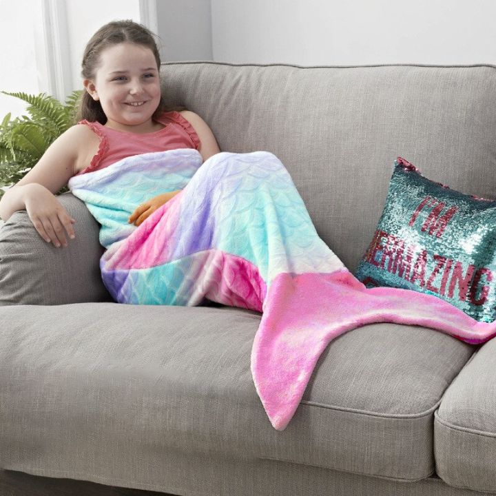 ผ้าห่มหางนางเงือกสำหรับเด็กผู้หญิงผ้าห่มเตียงผ้าห่มหางนางเงือกโซฟาแบบเตียงสำหรับผ้าห่มนางเงือก