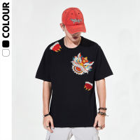 2023 Spring Summer New Short Sleeves T-Shirt Mens Round Neck Half Sleeve Chinese Style National Fashion Lion Embroidery Loose Pure Cotton Couple