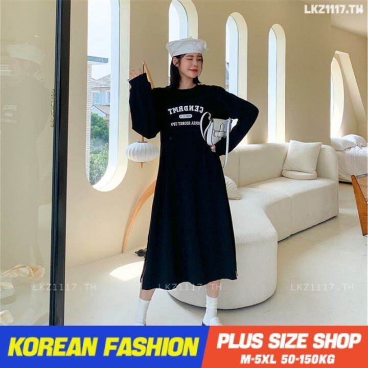 plus-size-เสื้อผ้าสาวอวบ-เดรสสาวอวบอ้วน-ไซส์ใหญ่-ผู้หญิง-ทรงหลวม-แขนยาว-คอกลม-พิมพ์-ฤดูใบไม้ร่วง-สไตล์เกาหลีแฟชั่น