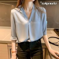 COD dhdfxcz Elegant Blouse for Women Summer V-Neck Blue Chiffon Shirt Women Elegant Korean Style Loose Trendy Buttoned Casual Ladies Top Office Work Professional Silk Surface Harajuku Tops Woman