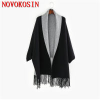 2022 Black Grey Plus Size Out Wear Winter Knitted Poncho Women Solid Design Cloak Female Long Batwing Sleeves Coat Vintage Shawl