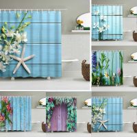 Baltan HOME LY1 Blue Wooden Floor Shower Curtain Flower Branch Starfish Bathroom Curtain Hanging Curtain Digital Printing Polyester Waterproof