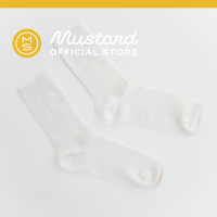 Premium Ribbed Crew Socks - White ถุงเท้า