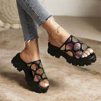 Women’s slippers summer 2023 Middle heel waterproof platform Fashion sequins Breathable outdoor slippers in summer