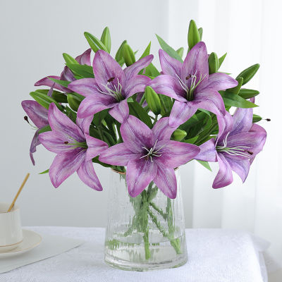 3D ดอกไม้เทียมระดับไฮเอนด์มีดอกลิลลี่ขนาดเล็ก3ดอก1ดอกและ2ดอกตูมสำหรับตกแต่งบ้านและดอกไม้ประดิษฐ์