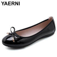 YAERNBig Size 4243 Ladies Single Shoes Bowtie Flats Patent Leather Loafers Women Round Toe Roll-Up Shoes Woman Bridesmaid Flats