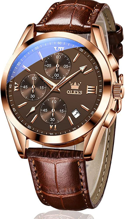 olevs-mens-chronograph-quartz-watches-leather-strap-gold-case-with-day-date-waterproof-stainless-steel-wrist-watch-luminous-hand-analog-watches-for-men-brown-black-blue-white-dial-leather-strap-coffee