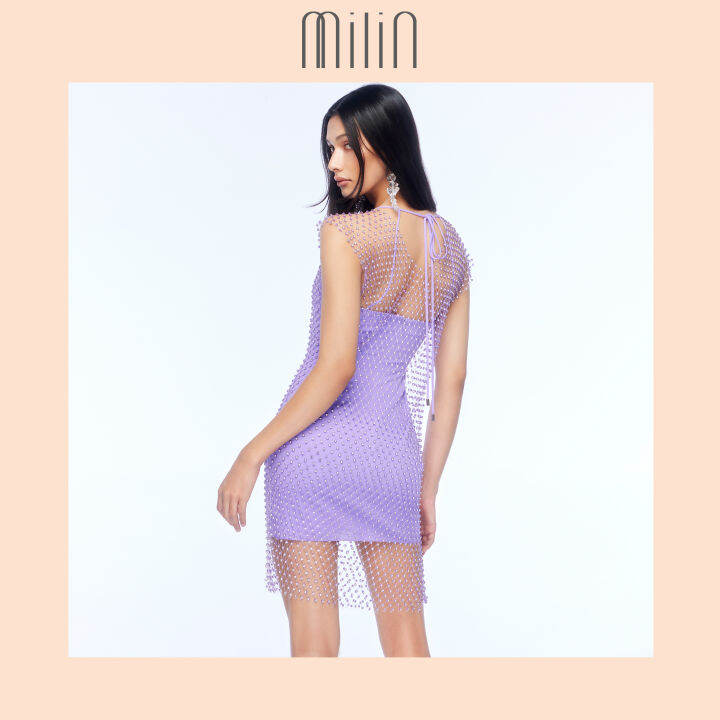 milin-crystal-netted-mesh-overlay-mini-dress-with-v-neckline-เดรสสั้นคล้องคอ-คอวี-แต่งทับด้วยเดรสตาข่าย-แต่งคริสตัล-avalon-dress-สีชมพู-สีขาว-สีดำ-pink-white-black