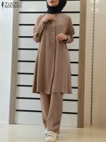 2023 ZANZEA Fashion Muslim Sets Turkey Long Sleeve Blouse Pants Set 2pcs Solid Color Elegant Casual Outifits Ramadan Abaya Hijab