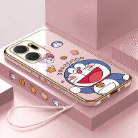 เคสโทรศัพท์พร้อมสำหรับเกียรติยศ X7A เคส5G เคส X7A 5G (ฟรีสายคล้อง) การ์ตูนโดราเอมอนน่ารักลายขอบสี่เหลี่ยมแมวมีความสุขปลอกชุบเคสโทรศัพท์เคสโทรศัพท์นิ่มสุดหรู