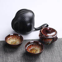แบบพกพาชามเซรามิก Teaware มิถุนายนเตาเผาเปลี่ยนแปรงสีทรายทองเคลือบโทหมวกชาถ้วยท่องเที่ยวกลางแจ้งชุดน้ำชากังฟู
