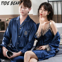 TIDE BEAR ชุดนอนแขนขายาวชุดไหมเทียมแผ่นอกผ้าไอซ์ซิลค์แขนยาวสำหรับผู้ชายชุดใส่อยู่บ้านแบบบางชุดนอนคู่รักใหม่