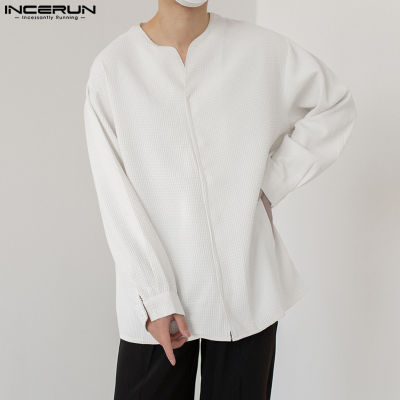INCERUN เสื้อคอวีย้อนยุคตาข่ายลำลองอารมณ์แขนยาวสำหรับผู้ชายย้อนยุค (สไตล์เกาหลี)