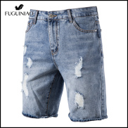 FUGUINIAO Cotton Hole Short Jeans Men Casual Streetwear Mid Waist Solid