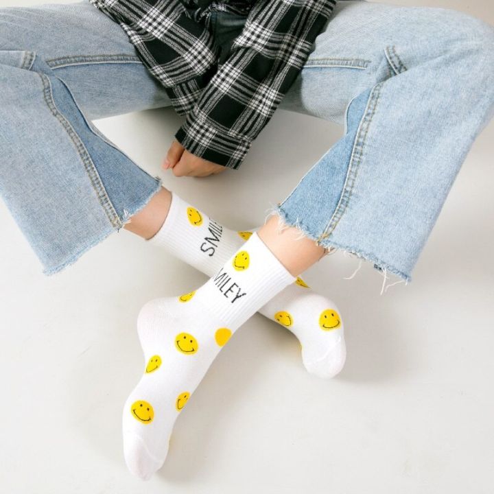 personality-street-smiley-socks-for-women-summer-korean-middle-tube-ins-style-cute-cartoon-cotton-female-socsk