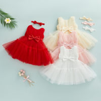 Kids Infant Baby Girls Formal Long Dress, Solid Color Sleeveless Ruffled Mesh Bowknot Dress+Headband 6M-5T  by Hs2023