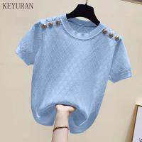 Summer Hollow Short Sleeve Knitted Sweater Women Pullovers Korean O Neck Ice Silk Button Solid Knitwear Tops Femme Jumper