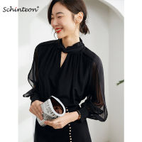 Schinteon Women 100 Real Silk Blouse Stand Collar Long Sleeved Pullover Shirt Spring Summer Office Lady Black Fashion Top New