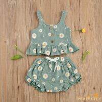 PFT-0-5 Years Girl’s Daisy Flower Printed 2Pcs Clothes Suit, Sleeveless Ruffled Hem Tank Tops with Triangle Shorts for Summer Wear