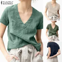 Esolo ZANZEA Muslimah Women Muslim Summer V Neck Short Sleeve T-shirt Tops Ladies Cotton Linen Tees Blouse