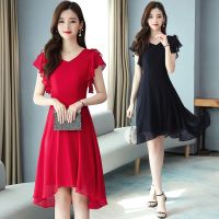 2021 Summer Chiffon Beach Dress Women Casual V-neck Ruffled Petal Sleeve Irregular Dress Ladies Fashion Black Red Midi Dress