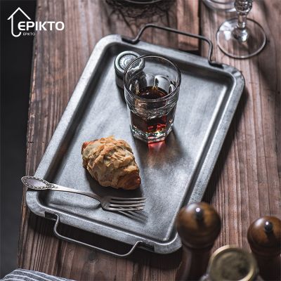 Epikto Retro Wrought Iron Serving Tray with Handle Vintage Food Bread Plate Photography Props Wedding Kitchen Pan Desktop Decor