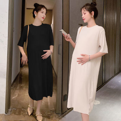 93435# Maternity Clothes Summer Short Sleeves Easy Matching Loose Stylish Midi Dress Pregnant Women Mom Dress