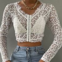 Embroidery Lace Thin Crop Tops Long Sleeve V-Neck Single-Row Hook Button Solid Color Slim Sexy See Through Sheer Shirts