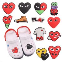 Hot Sales 1-12Pcs Red Heart T-shirt Sandals Shoe Charms Children Shoe Button Accessories Fit Croc Jibz Holiday Gifts